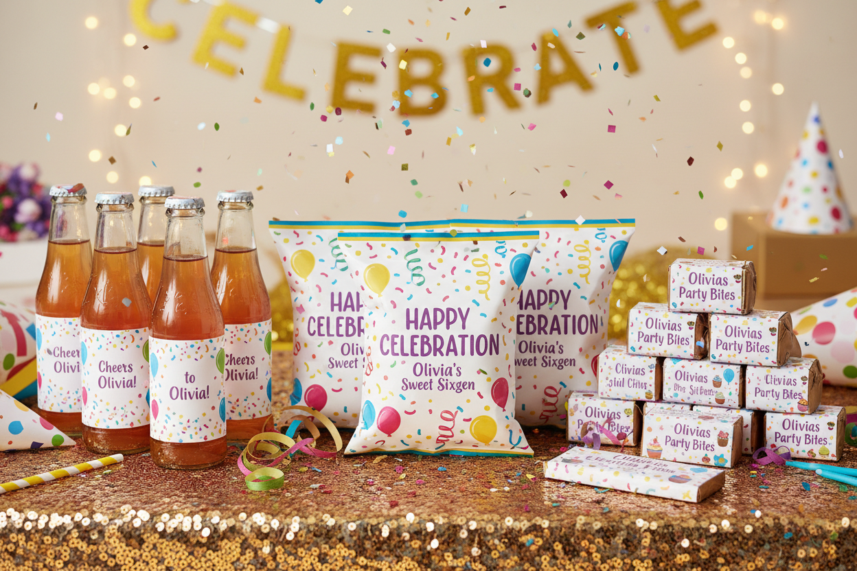 Custom party favors with matching designs on chip bags, drinks, and candy